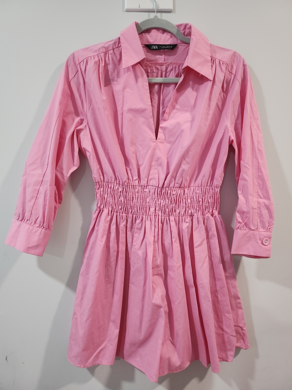 Zara Bubblegum Pink Smocked-Waist Shirt Dress